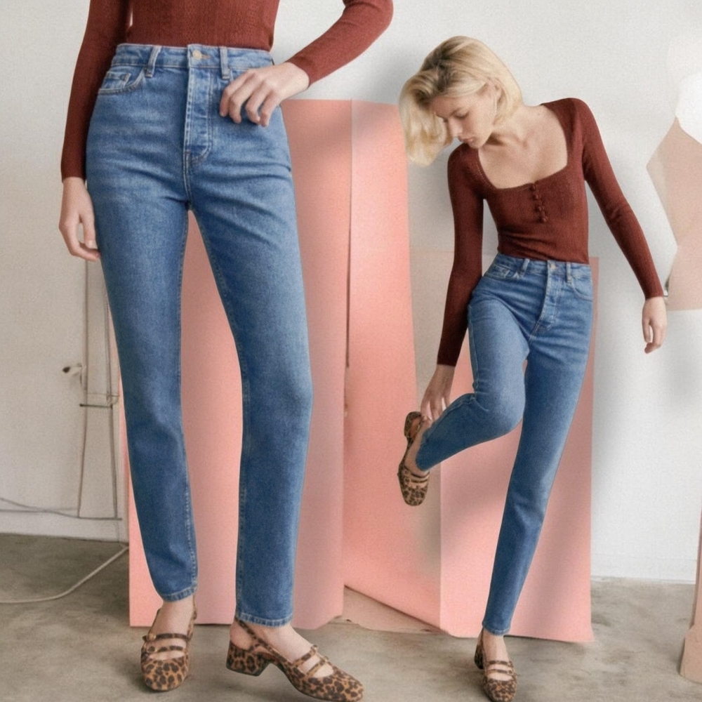 High-Rise Slim Straight Jeans in Medium Blue